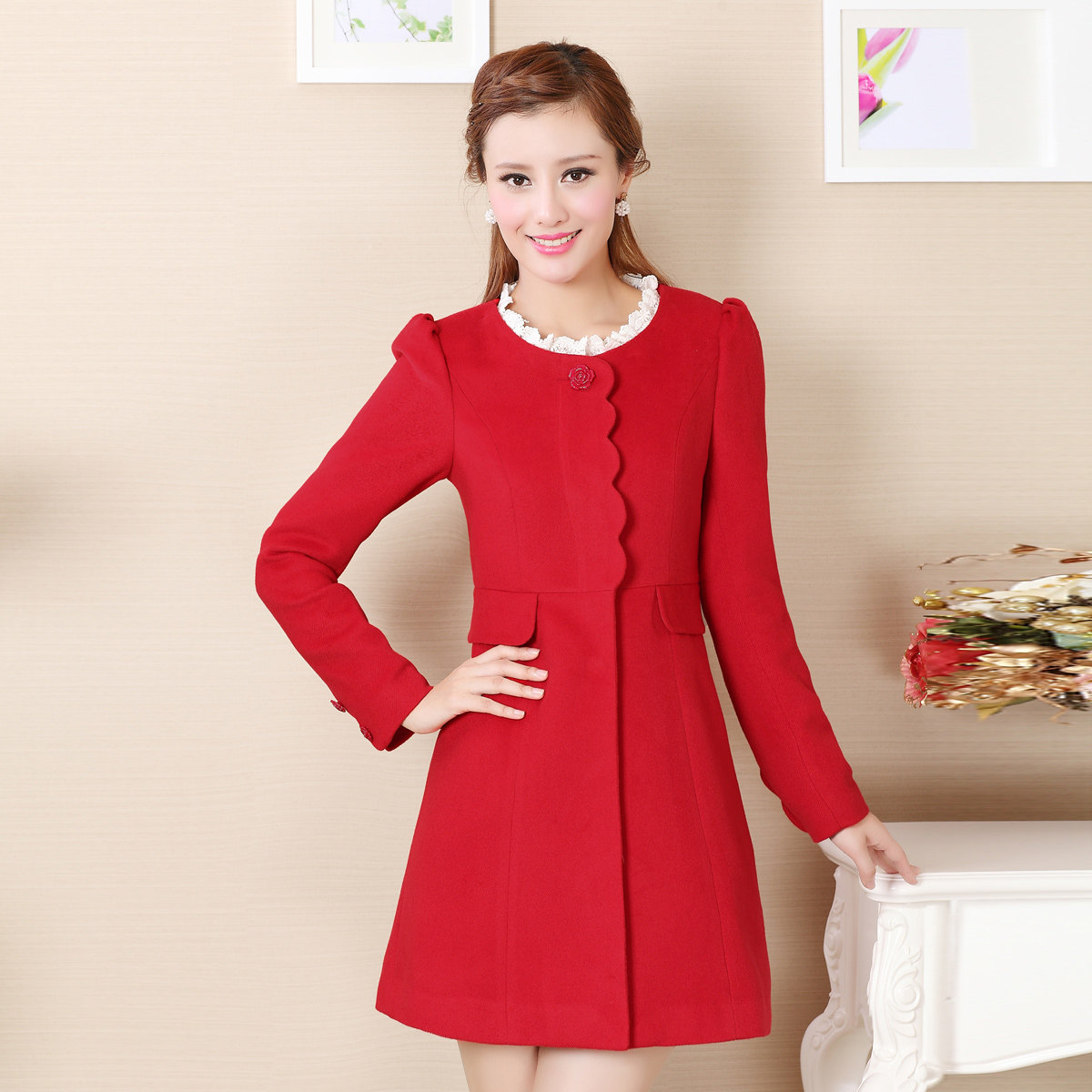infre 2013春装<em>中长款</em>女修身红色<em>毛呢</em>大衣 新娘
