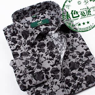  七匹狼长袖衬衫男装正品秋装新品中年男士古典印花丝光棉长款衬衣