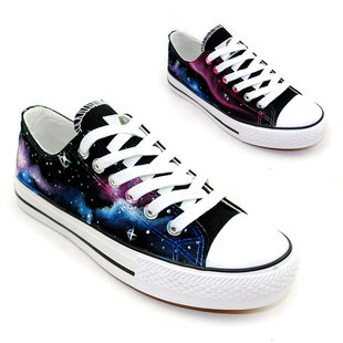  新款原宿星空帆布鞋女鞋厚底松糕鞋手绘鞋韩版情侣鞋子潮低帮