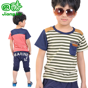  童装男童夏季新款韩版纯棉短袖套装 儿童条纹休闲运动两件套
