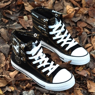  潮流新款韩版高帮鞋帆布鞋男布鞋休闲鞋时尚棉质翻边男鞋黑色