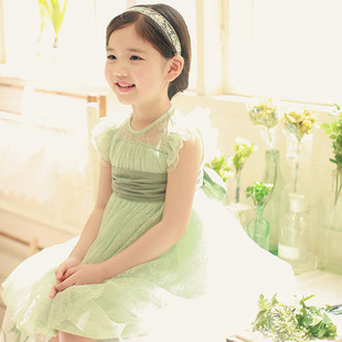  [现货]韩国进口童装夏款amber超美公主蕾丝宽腰带飞袖连衣裙