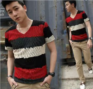  新款夏装男装日韩版短袖t恤男潮修身V领T恤打底衫男士上衣服