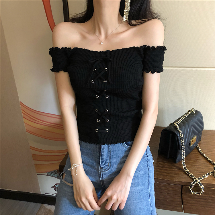 2019春夏季新款小心机性感露肩一字领短袖修身系带针织衫上衣女装在类目 女装/女士精品, 毛针织衫中 - 来自Buy2taobao.com提供专业的淘宝代购服务
