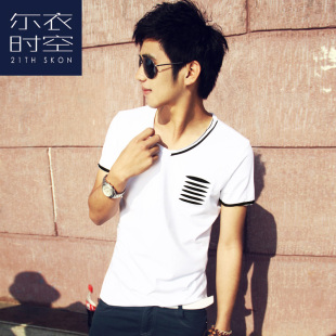  21thskon 夏日韩版修身V领男T恤男短袖潮时尚个性男t恤男打底衫潮