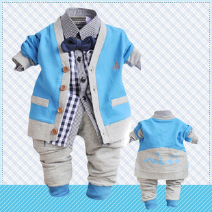  新款春装婴幼儿宝宝全棉衬衫英伦学院风儿童套装开衫三件套