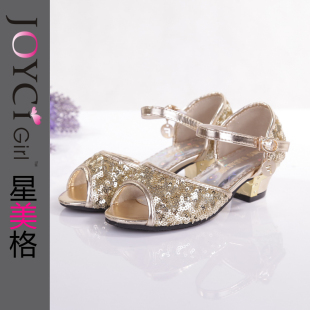  【星美格】六一演出女童凉鞋韩版时尚高跟鱼嘴亮片儿童皮鞋TX3536