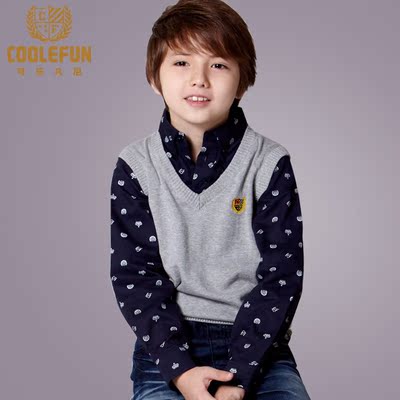 新款2014男童毛衣假两件套背心大童男装线衣