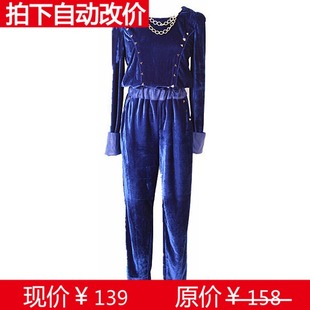  欧美大牌复古秋冬丝绒连体裤长裤   拼皮长袖连衣裤 高腰连身裤女