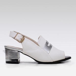  夏季新款欧美风复古鱼觜金属亮片粗跟凉鞋后腕带搭扣女鞋单鞋