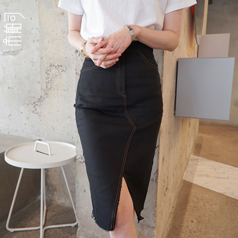 韩国 现货 市舶司女装2019夏装高腰明线装饰不对称气质毛边半身裙在类目 女装/女士精品, 半身裙中 - 来自Buy2taobao.com提供专业的淘宝代购服务