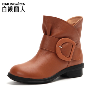 白领丽人秋冬款欧美复古舒适牛皮女靴真皮带扣低跟短靴子534D