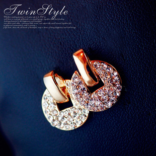  欧美风时尚铜钱圆盘镶满钻圈圈耳钉耳饰品耳坠简约韩版新款