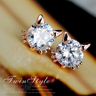  耳钉耳饰小猫咪动物镀金镶钻韩国可爱清新精致新品