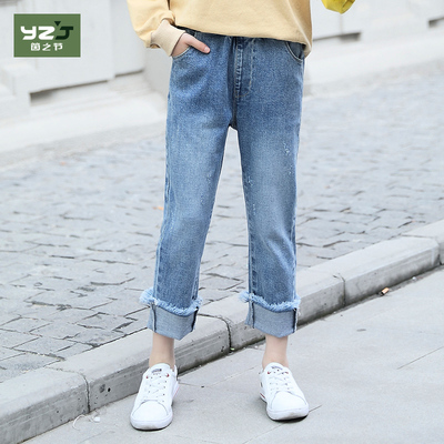 女大童棉直筒牛仔裤女春夏18新款显瘦裤子中大童九分毛边阔腿薄裤