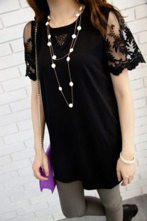  iamnoka韩国夏装新款中长款女装 修身显瘦拼接蕾丝短袖T恤