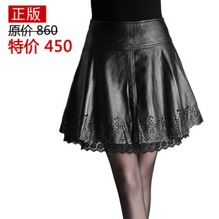  新款秋冬 女 海宁真皮皮裙 绵羊皮 蕾丝镂空短裙半身裙A字裙