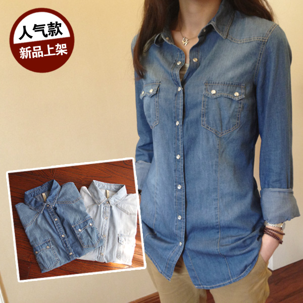 牛仔长袖衬衫小清新...