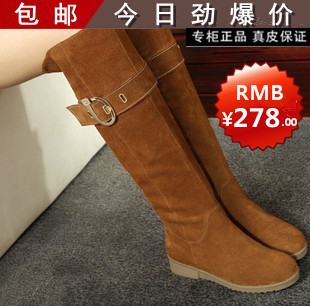  接吻猫真皮高筒雪地靴中筒高跟裸靴坡跟过膝长靴平跟棉鞋女鞋靴子
