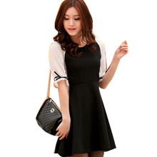 [Grab] Korean version of bovine products was thin dress large size women's short-sleeved black and white wild chiffon skirt Puff
