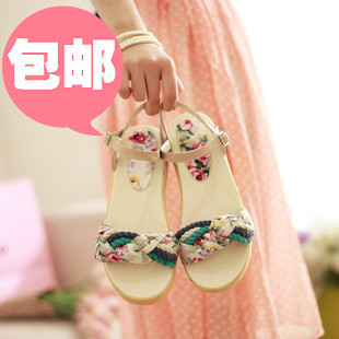  夏日新款 韩版学院风复古条纹麻编中跟厚底凉鞋子女鞋