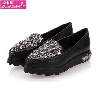  单鞋松糕厚底鞋 女鞋 潮 牛皮松糕豹头尖头欧美潮鞋 带钻单鞋