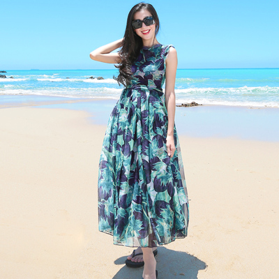 2014夏装新款女装波西米亚沙滩裙绿紫印花修身雪纺连衣裙长裙女裙
