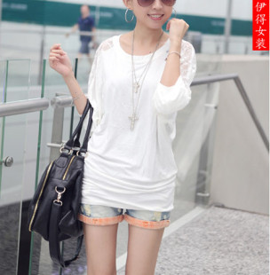  夏装新款韩版女装大码宽松长袖t恤 蝙蝠袖蕾丝 拼接百搭打底衫