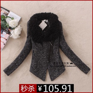  新品秋冬装季韩版女装大翻领羊毛呢子短外套 斜拉链修身大衣