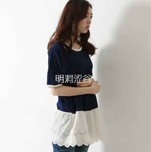  韩国代购进口女装现货~日系高雅甜美拼接蕾丝镂空五分袖T恤