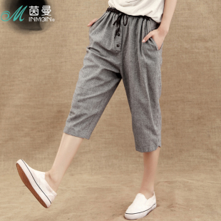  INMAN茵曼夏装新款 棉麻直筒宽松中腰休闲五分裤女Y822093640
