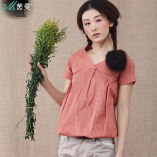  茵曼 夏装新款女全棉文艺波点V领打褶短袖套头衬衫830340