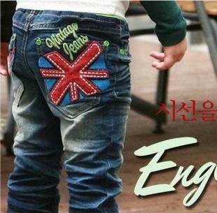  韩版秋季 儿童牛仔裤 女童男童 米字旗加绒加厚长裤 童裤