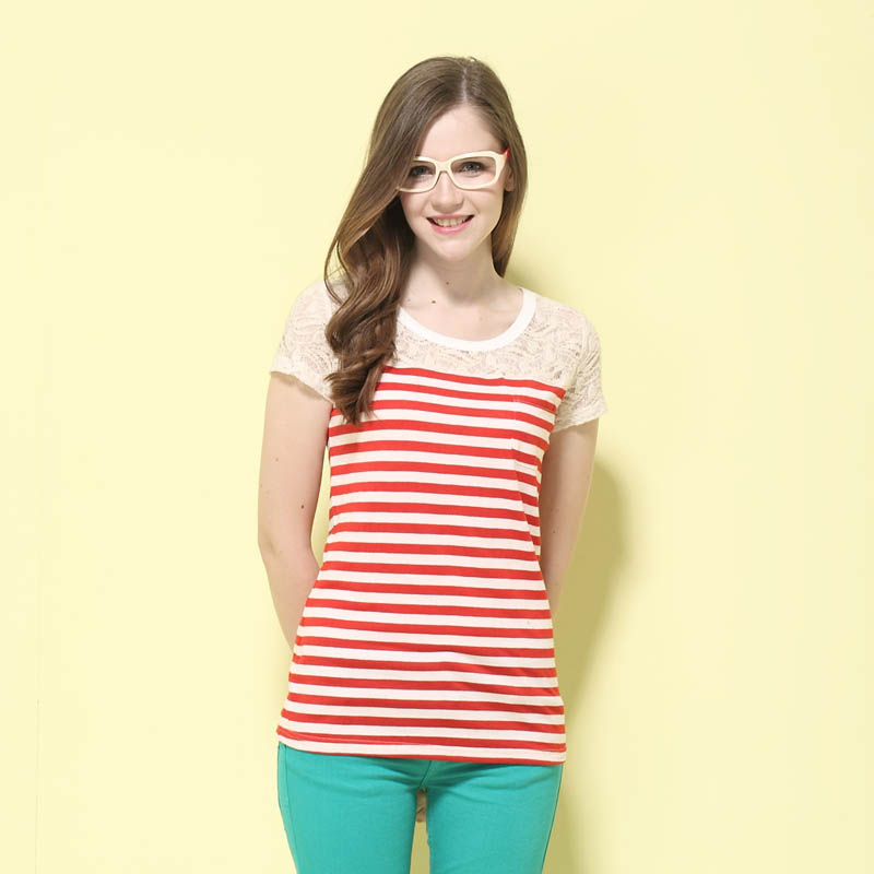 棉布料甜美短袖蕾丝...