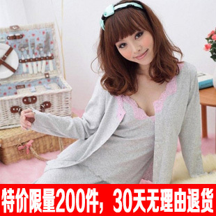 <em>特价</em>包邮 春秋季 <em>睡衣女长袖</em>纯棉质<em>三件套</em>蕾丝