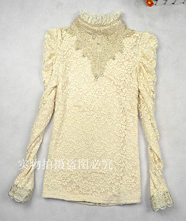  秋冬韩版女装唯美嘉立领蕾丝衫双层加厚网纱长袖雪纺打底衬衫3170