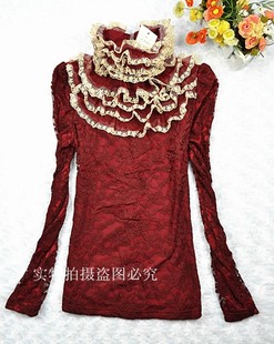  冬款复古韩版女装花仙子长袖双层打底衬衫高领加厚雪纺蕾丝衫1171
