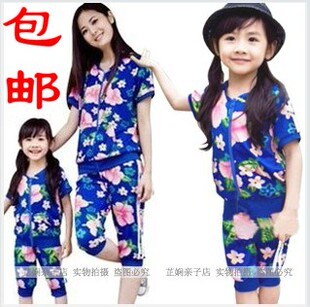  亲子装 夏装 母女装 款夏季男童女童花朵短袖运动套装 母子装