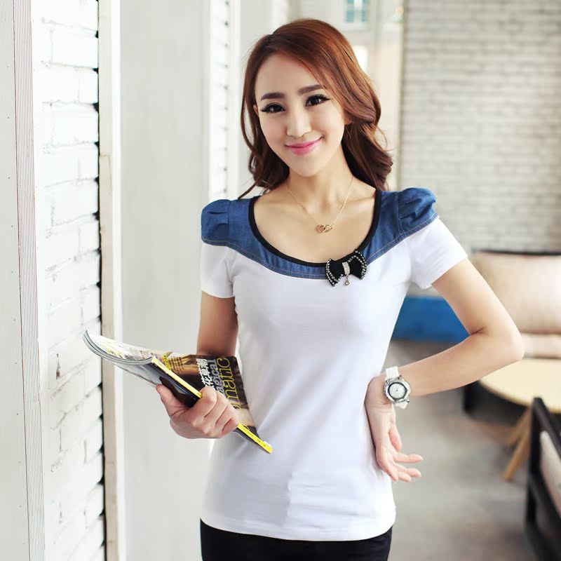 韩版牛仔拼接条纹...