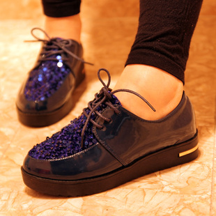  原宿款亮片复古松糕鞋欧美英伦风女鞋 厚底鞋尖头系带单鞋坡跟鞋