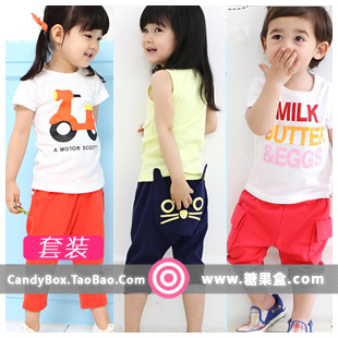  童装夏装儿童套装胸前图案短袖T恤短裤五分裤中裤男女童套装