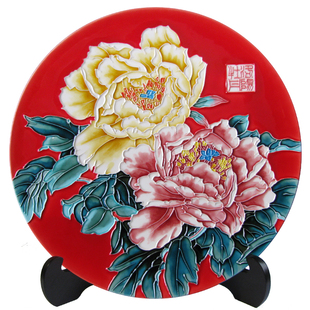  三彩艺 洛阳三彩(唐三彩)牡丹陶瓷盘摆件特色手工艺礼盒装30cm