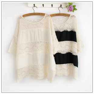  日系外贸原单 睫毛蕾丝拼接雪纺 大码宽松条纹T恤衫短袖女士夏季