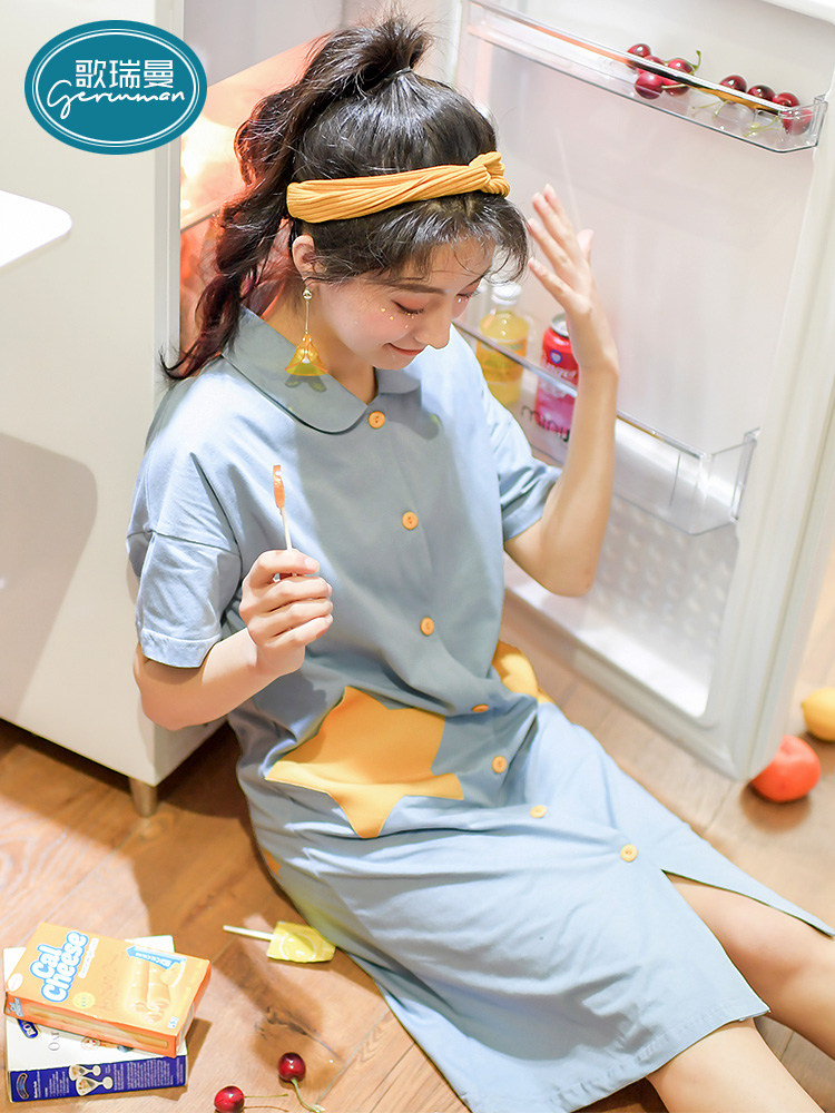 短袖夏季睡衣裙子孕妇中裙薄款纯色翻领可爱纯棉女士衬衫睡裙夏天在类目 女士内衣/男士内衣/家居服, 睡裙中 - 来自Buy2taobao.com提供专业的淘宝代购服务