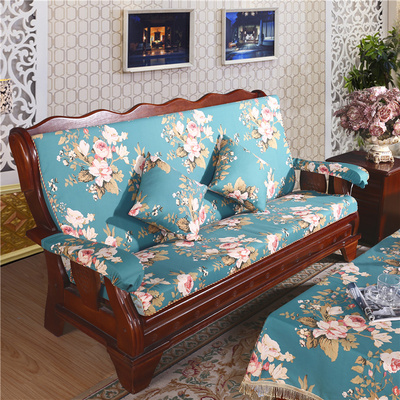 订做欧式加大四季带靠背海绵红实木组合沙发坐垫加厚田园布艺连体