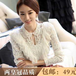  春装 新款 娃娃领蕾丝网纱打底衫女修身长袖白色小衫大码上衣