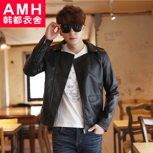  AMH男装韩国春装新款韩版修身短款翻领斜拉链皮衣NV2288璟陆