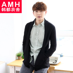  AMH男装韩国春装新款韩版长袖翻领薄款开衫针织衫NQ2072煷僦