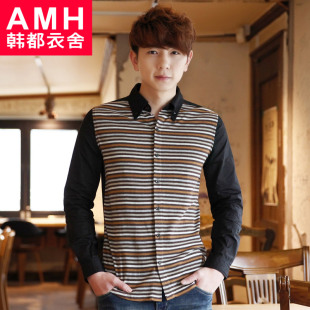  AMH男装韩国春装新款潮男士修身拼接长袖衬衫OC2098荞玖