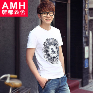 AMH男装韩国夏装新款韩版修身圆领男士印花T恤OJ2381燑